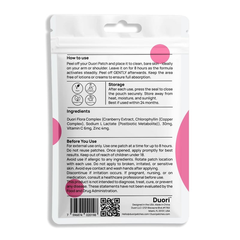 DUORI Flora Patch - Vaginal Postbiotics Support for Women - Promote Healthy Vaginal Odor & Flora - with Cranberry Extract - Vitamin C - Zinc - Vegan Daily Vaginal Health Patch - 30 Patches 1 Pack (30 Patches)