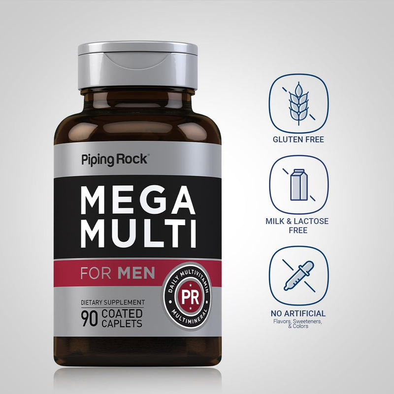 Piping Rock Men's Multivitamin | 90 Caplets | Mega Vitamin and Mineral Complex | Daily Support Supplement | with Vitamin C, D, Magnesium, Zinc | Non-GMO, Gluten Free