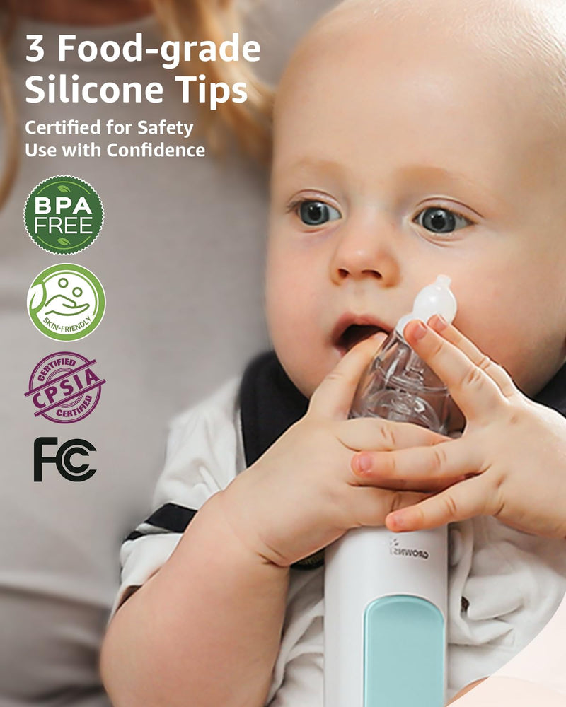 GROWNSY Nasal Aspirator for Baby with Protection Mode, Electric Nose Suction for Baby, Automatic Baby Nose Sucker with 3 Silicone Tips, Adjustable Suction Level, Music and Light Soothing Function Light Blue - BeesActive Australia