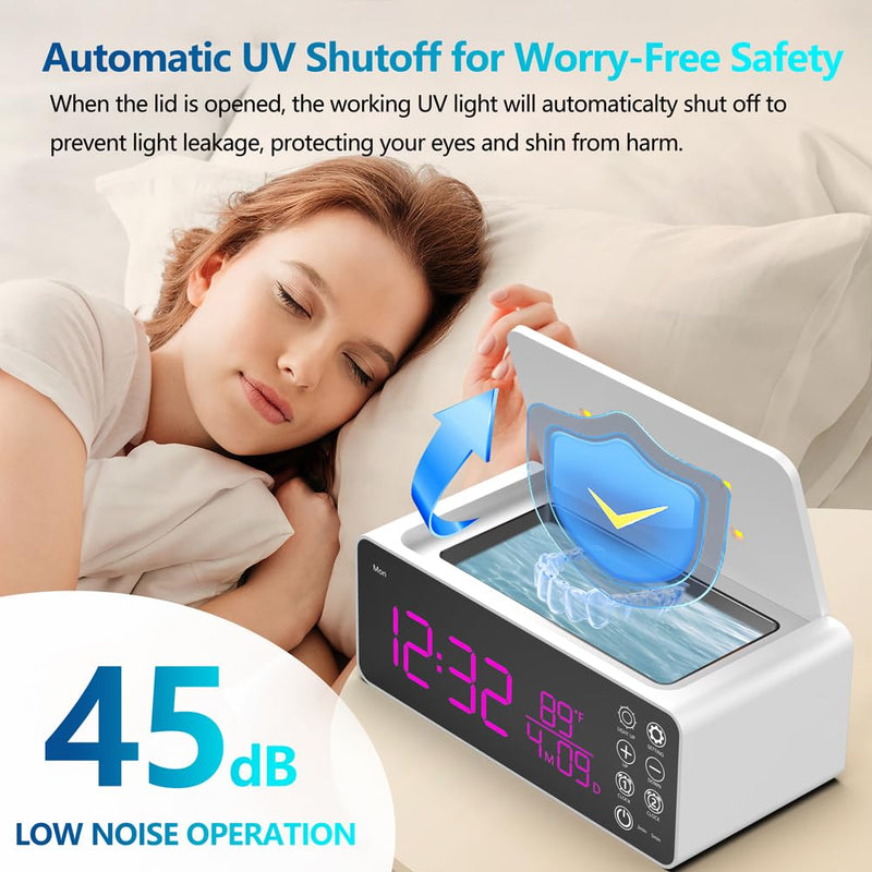 500ML Capacity 48kHz, Updated Version Ultrasonic Retainer Cleaner, Multi-Functional Cleaner Machine For Dentures, Mouth Guards, Braces, Toothbrush, Jewelry, Glasses with Alam Clock Function, (white)