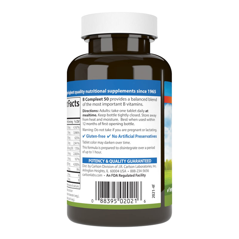 Carlson B Compleet 50, Balanced Vitamin B Complex, 100 Tablets | Energy Production; Cellular Support; Optimal Wellness