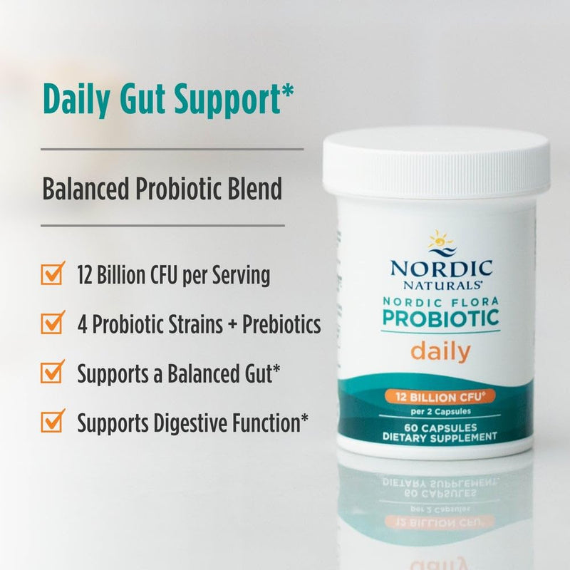 Nordic Naturals Nordic Flora Probiotic Daily, Immune Support - 60 Count | 4 strains, 12 billion CFU. Supports immune health, digestive wellness & optimal gut function. Vegan, Non-GMO. 30 servings. 60 Count (Pack of 1)