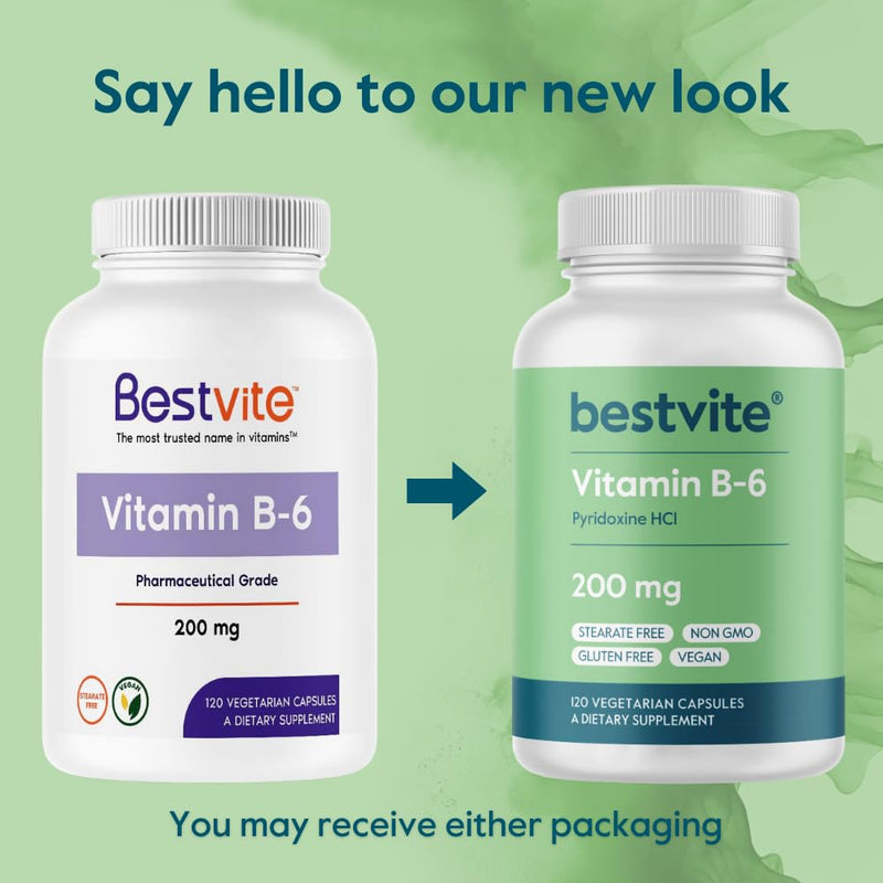 BESTVITE Vitamin B-6 200mg (120 Veg Caps) - No Stearates - Vegan | No Flow Agents - Non GMO - Gluten Free - Energy Metabolism Support* - Heart Health Support* 120 Count (Pack of 1)