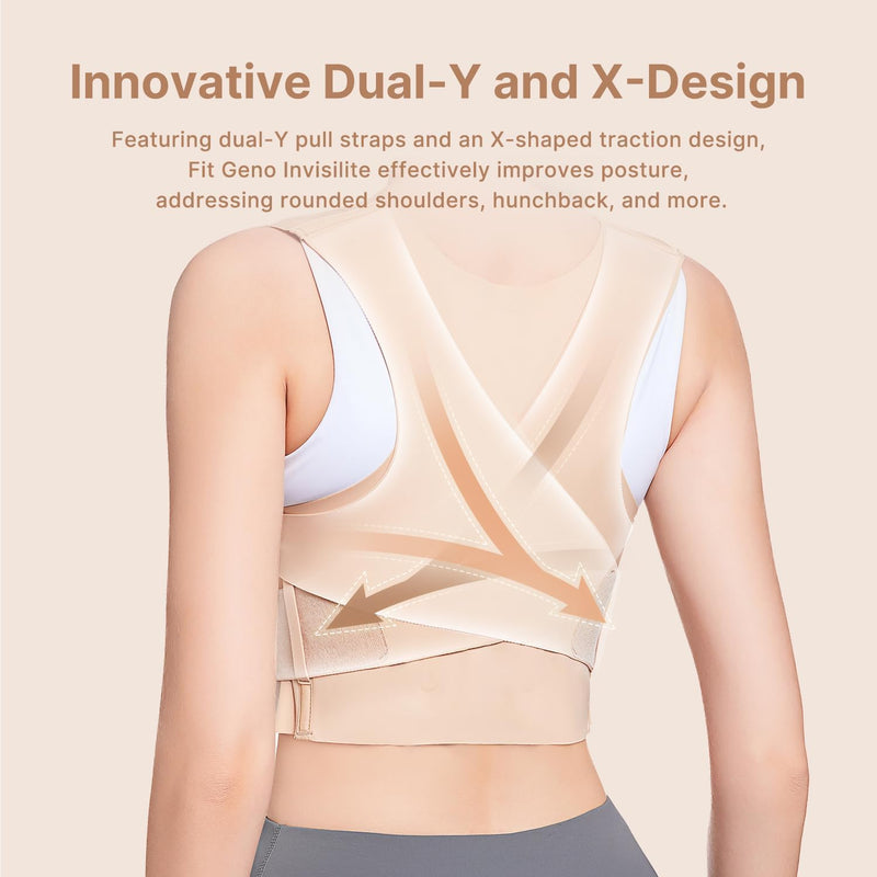Fit Geno Posture Corrector for Women Invisilite: Invisible Lightweight Back Brace for Neck Shoulder & Upper Back Pain Relief - Improve Posture Correct Hunchback Slouching Under Clothes Large Beige L (Under Bust 32"- 38")
