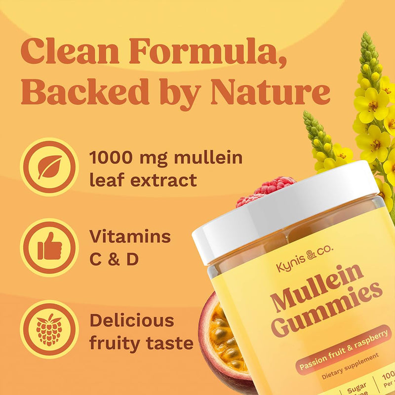 Kynis & co. Mullein Gummies for Overall Wellness – Mullein Leaf Extract, Quercetin, Bromelain, Ashwagandha, Vitamin C & D – Passion Fruit & Raspberry Flavor – 60 Gummies