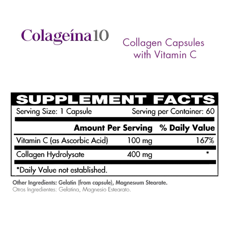 Colageina 10 Collagen Capsules with Vitamin C, Reduces Aging Signs, Improves Skin Elasticity, 60 Count