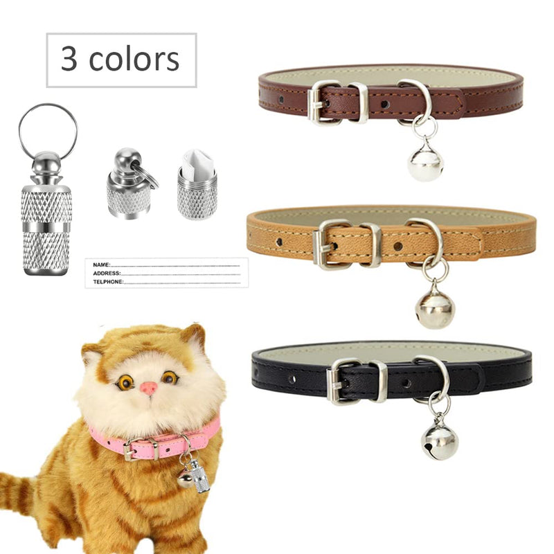 XFentech Pack of 3 Cat Collars - PU Cat Collars with Metal Buckle and Bell Pet Collar Belt Collar for Cats Khaki, Brown, Black - BeesActive Australia