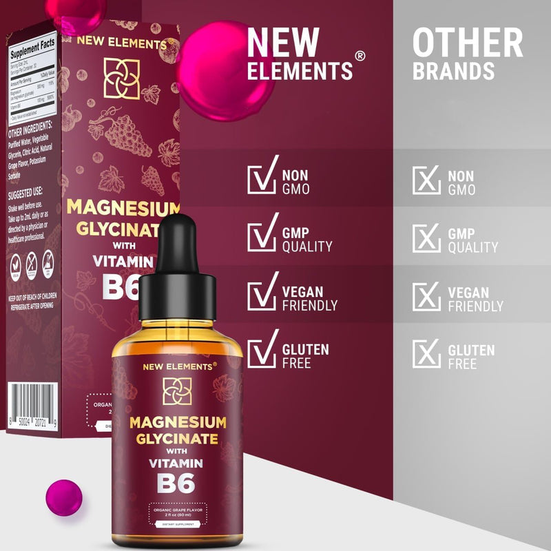 Liquid Magnesium Glycinate Drops with Vitamin B6 - Magnesium Supplement 500mg & Vitamin B6 100mg | Non-GMO No Gluten | Stress Relief | Sleep & Relaxation | Muscle & Heart Support | Natural & Vegan
