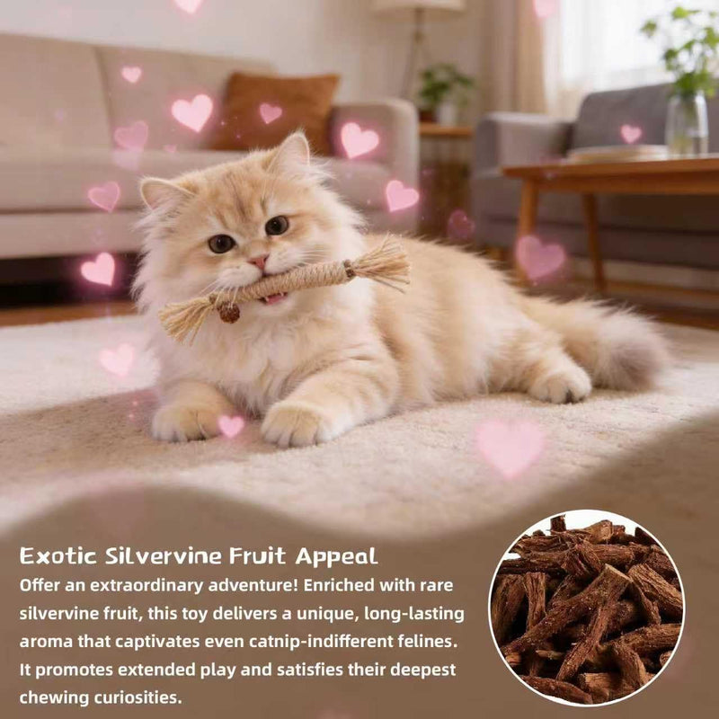 Catnip and Silvervine Cat Chew Sticks for Dental Health - Natural Wood Teething Toys with 2 Fish Bone & 2 Silvervine Flavors, Durable Interactive Chews for Indoor Cats and Kittens Teeth Cleaning