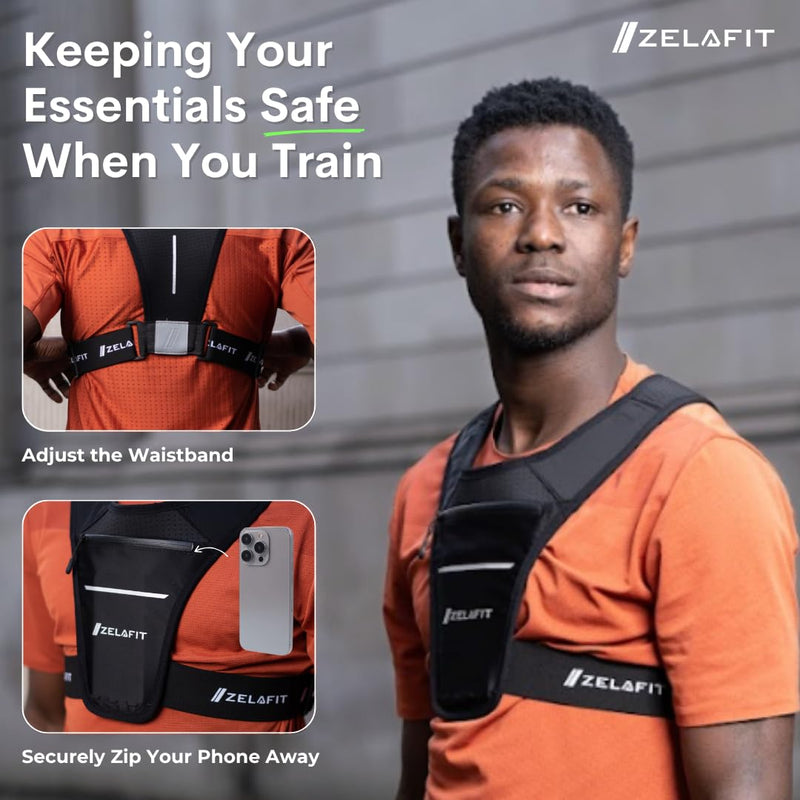ZelaFit™ Running Vest for Women & Men Running Phone Holder – Perfect for Running Gear, Running Accessories, Running Essentials - Lightweight Chest Rig Phone Holder for Running (Black)