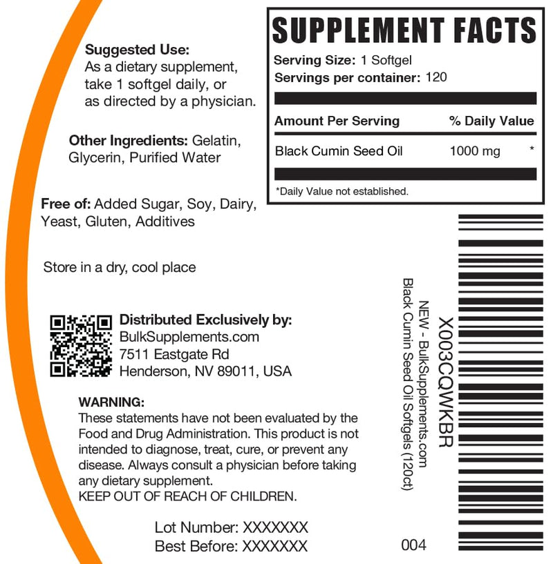 BulkSupplements.com Black Cumin Seed Oil Softgels - Black Cumin Seed Oil 1000mg - Gluten Free, 1 Softgel per Serving, 120 Count (Pack of 1) 120 Count (Pack of 1)
