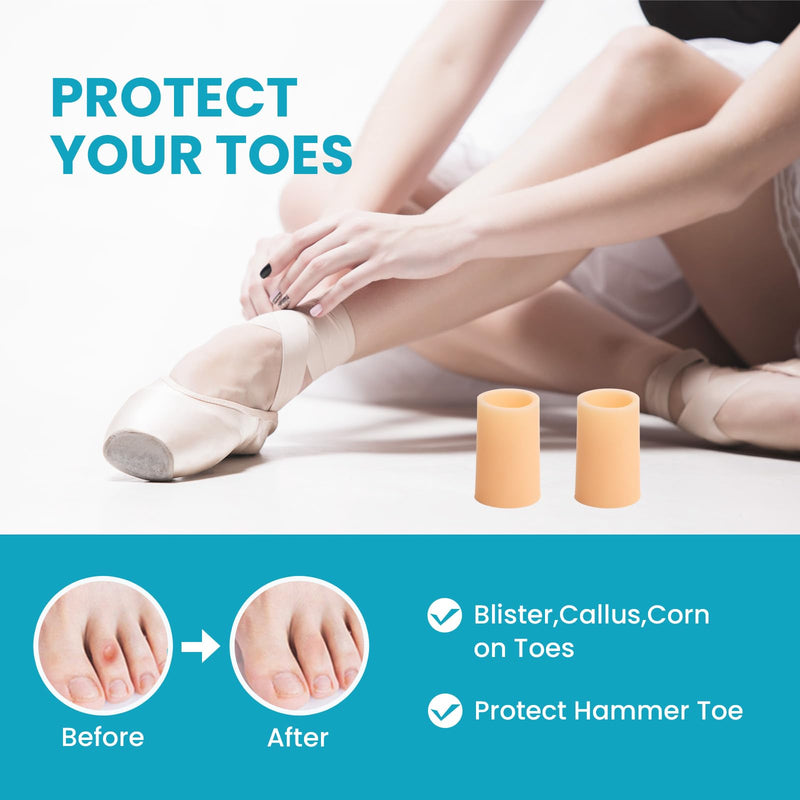 Povihome Toe Sleeves, Toe Protectors, 12 Pack Toe Tube Pads for Hammer Toe,Stubbed Toe,Corns, Calluses Protect (Medium Size, Beige) Medium Size