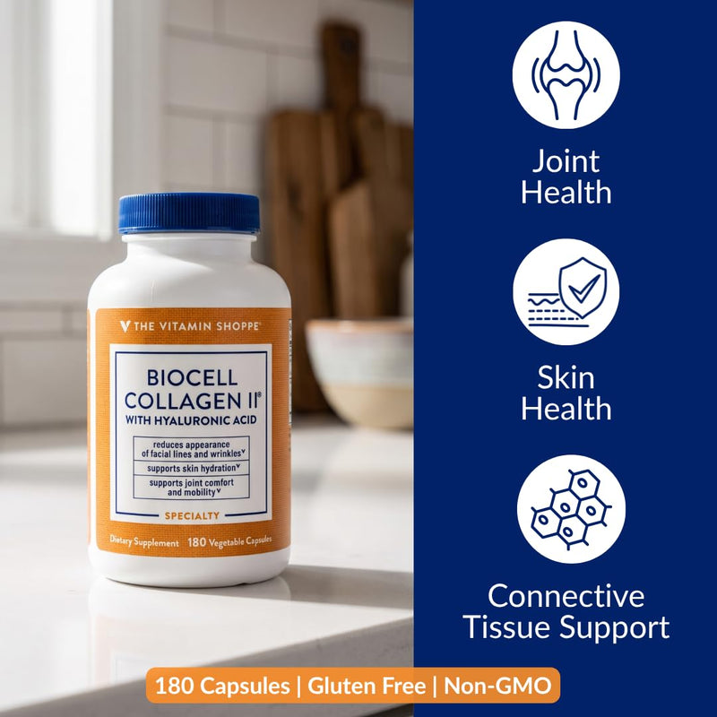 The Vitamin Shoppe Brand BioCell Collagen Capsules, 1000 mg, 180 Capsules | Hyaluronic Acid, 1000 MG Collagen per Serving, Supplement for Men and Women, Supports Daily Wellness, Gluten Free, Non GMO 180 Count (Pack of 1)