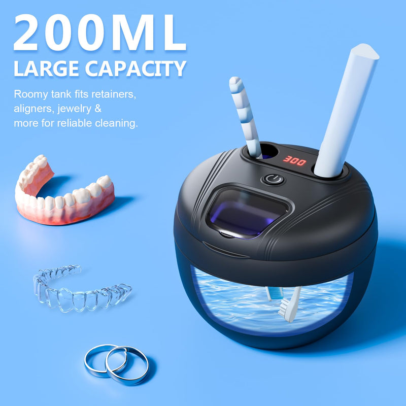 Dental Ultrasonic Retainer Cleaner Machine - Dental Cleaning Pod for Denture, Mouth Guard, Aligner, Night Guard, Braces, Toothbrush Heads, Jewelry, 45kHz Sonic Cleaner with Digital Timer & 200ML Black