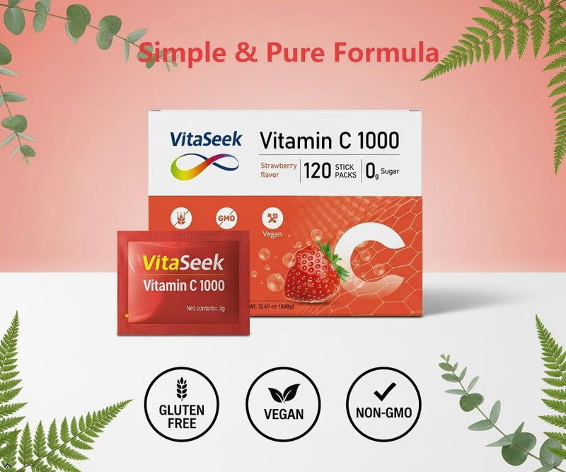 Vitamin C 1000mg Powder Packets Sugar Free Drink Mix Individual Serving Sticks Strawberry Flavors On The Go Immune Support for Adults 120 Count 120 sticks