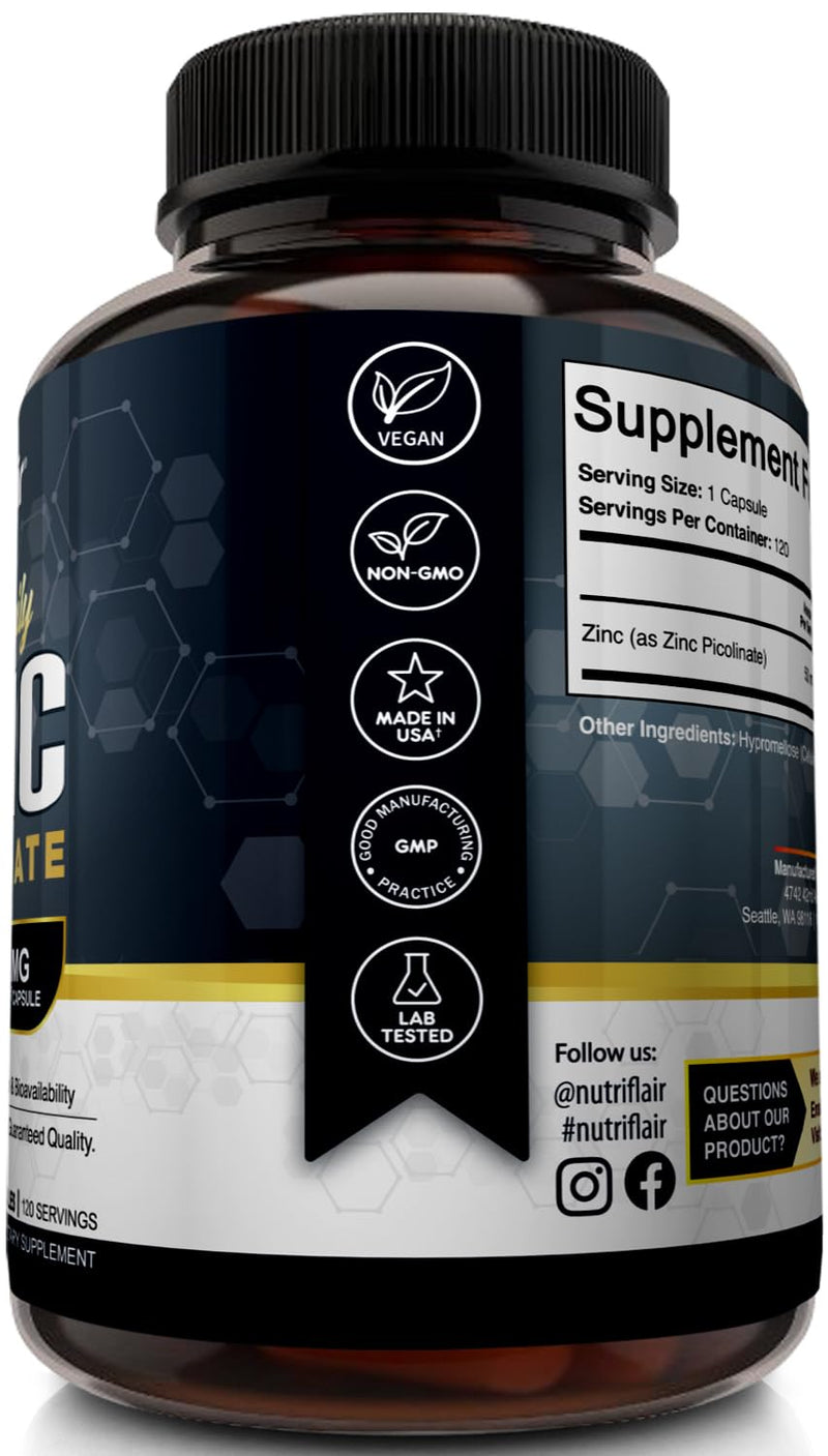 NutriFlair Zinc Picolinate 50mg, 120 Capsules - Maximum Absorption Zinc Supplement Pills - Immune System Booster, Immunity Defense, Powerful Non-GMO Antioxidant - Compare to gluconate, Citrate, Oxide