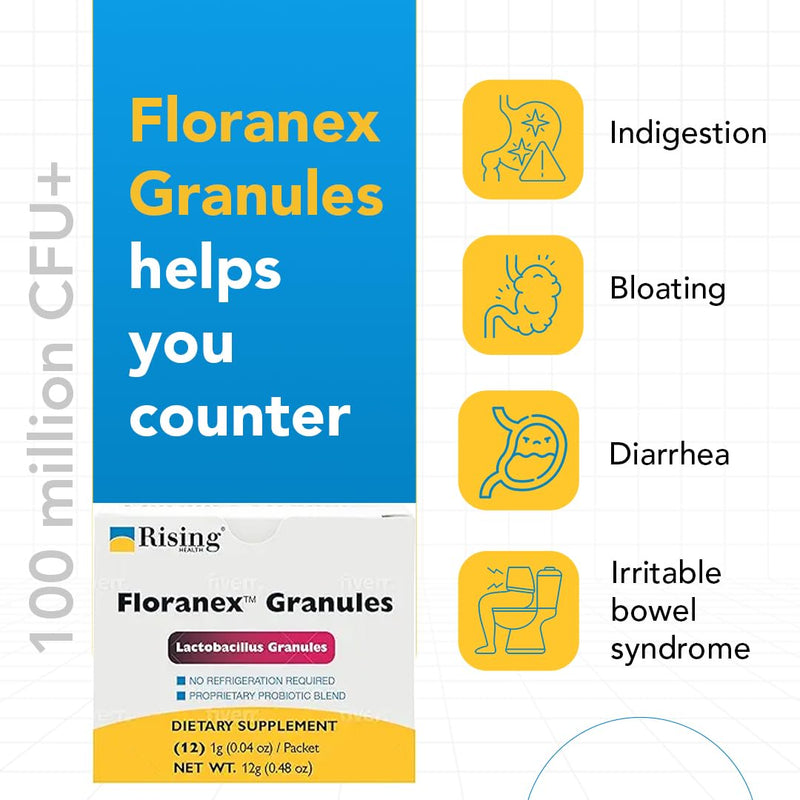 Rising Health Floranex™ Lactobacillus Probiotic Dietary Supplement Granules for Digestive & Gut Health, Daily Probiotic Support - 12 Packets Floranex Granules