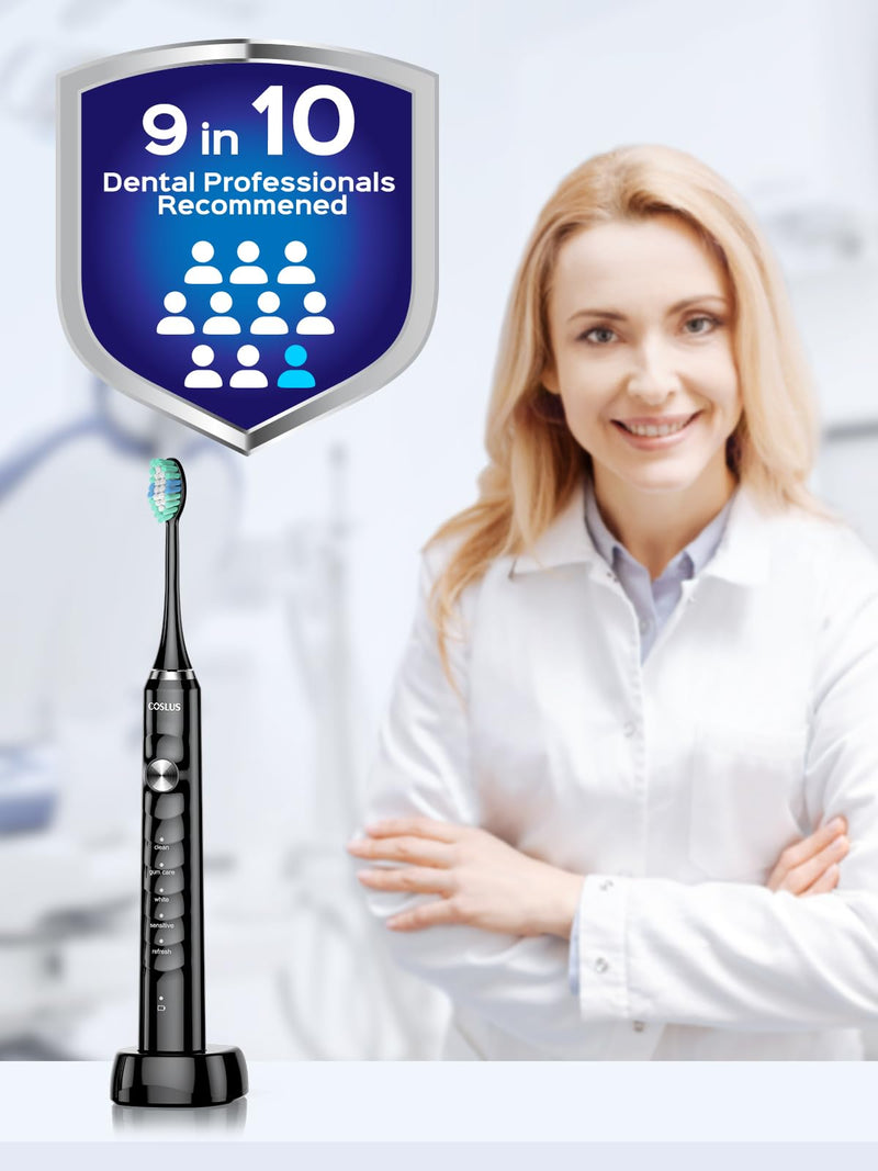 COSLUS Sonic Electric Toothbrush for Adults: 47000 VPM for Deep Cleaning & Whitening with Travel Case - 5 Modes for Sensitive Teeth & Braces, Wireless Charging, 6 Brush Heads for Home Family, Black 1 Count (Pack of 1)