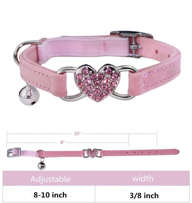 Heart Bling Cat Collar with Safety Belt and Bell Adjustable 8-10 inches for Kitten Cats (Pink) Pink