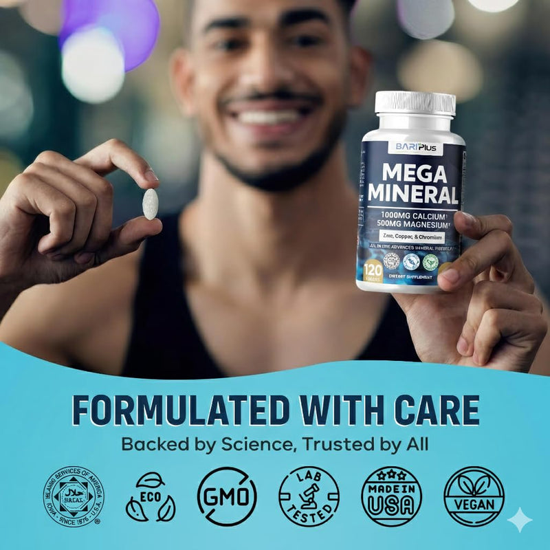 Mega Mineral – Complete Complex with Vitamin D, Calcium, Magnesium, Zinc, Potassium, Boron, Selenium, Chromium & Trace Minerals – Iron-Free – USA Made -Halal (120 Tablets) 120 Count (Pack of 1)