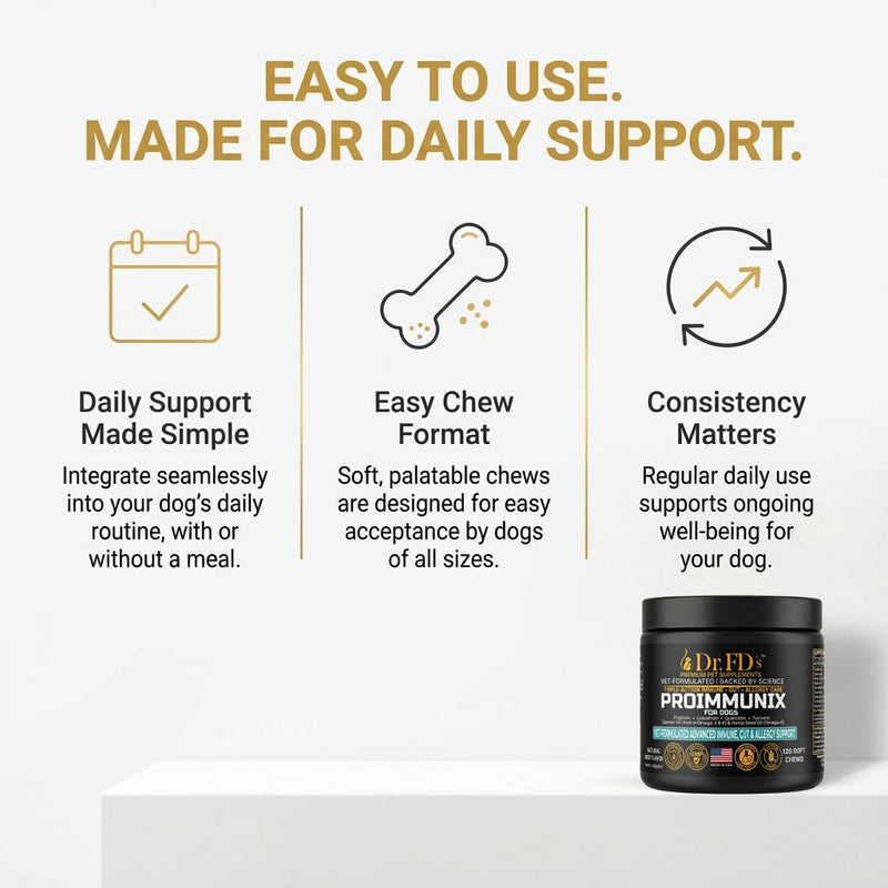 Dog Probiotics for Dogs | Immune & Allergy Support with Colostrum for Gut Health | 120 Soft Chews | Made in USA | Dr. FD’s ProImmunix