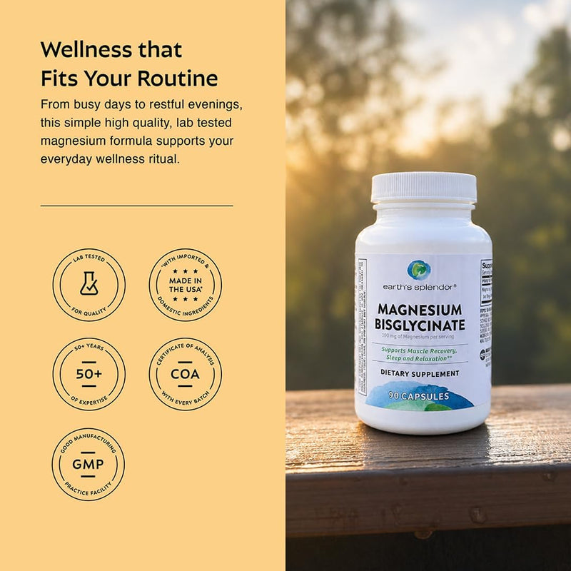Earth's Splendor Magnesium Bisglycinate Supplement Vegan Non GMO 90 Serving | Muscle Recovery Sleep Support Relaxation Mineral Formula Daily Wellness Three Month Supply