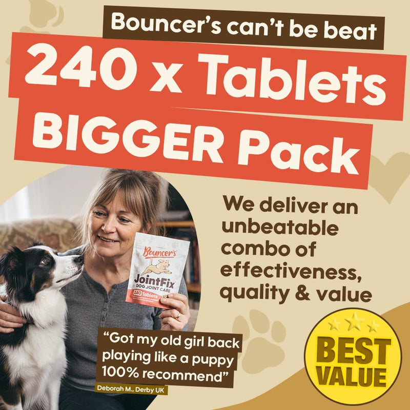 Bouncer's Joint Supplements for Dogs - High Strength Glucosamine, Chondroitin & Hyaluronic Acid | Affordable Mobility Support for Senior Dogs | 100% Recyclable | Letterbox Friendly 240 Tablet Pack