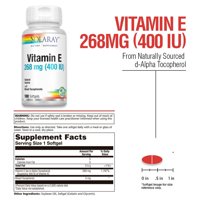 SOLARAY Vitamin E d-Alpha Tocopherol 268mg (400 IU) | Heart & Skin Health, Antioxidant Activity Support | 100ct Unflavored 100 Count (Pack of 1)