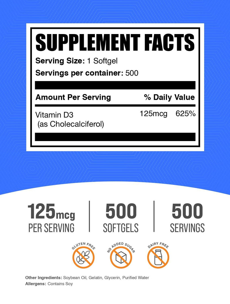 BulkSupplements.com Vitamin D3 5000IU Softgels - Cholecalciferol, D3 Supplement, Vitamin D 5000 IU - 1 Vitamin D3 Softgel (125mcg of Vitamin D) per Serving, 500 Count (Pack of 1) 500 Count (Pack of 1)