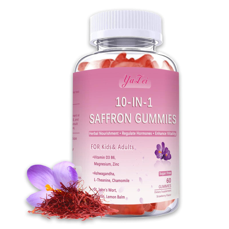Saffron Supplements Gummies for Kids & Adults,Sugar Free, | with Ashwagandha,L-Theanine,Chamomile,St. John's Wort,Lemon Balm,Vitamin D3 B6, Magnesium for Zzz, Mood, Focus & Vision
