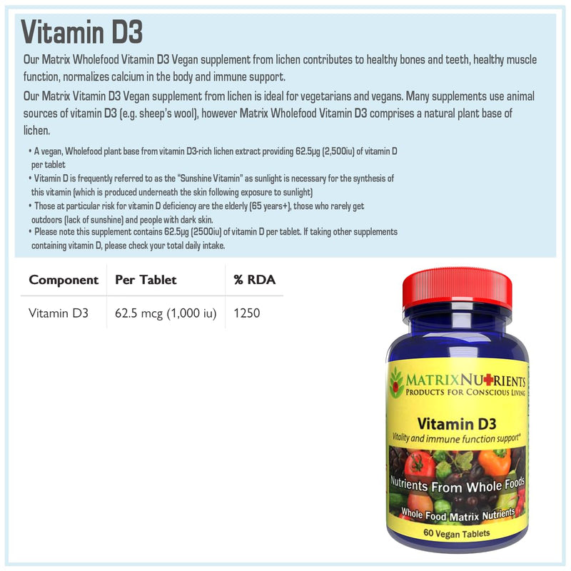 Vitamin D3 - Stronger Than the Competition! - 62.5mcg (1,000iu) Highest Absorption Rate, 100% Organic Natural Ingredients - Massive Immune Support! - Vegan Tablets (60ct)