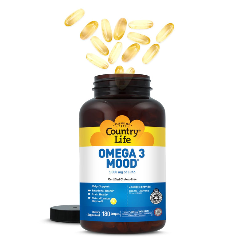 Country Life Omega 3 Mood Fish Oil, 1000 mg EPA per Serving, 180 Softgels | Supports emotional well-being and brain health with a pleasant natural lemon flavor 180 Count (Pack of 1)