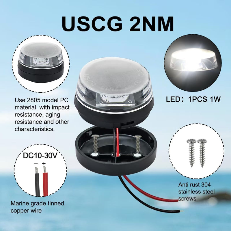 Anchor Lights,Boat Tower Light,Bimini Top LED Waketower All-Round 360 Degree White, USCG Certified 2NM,10-30Volt