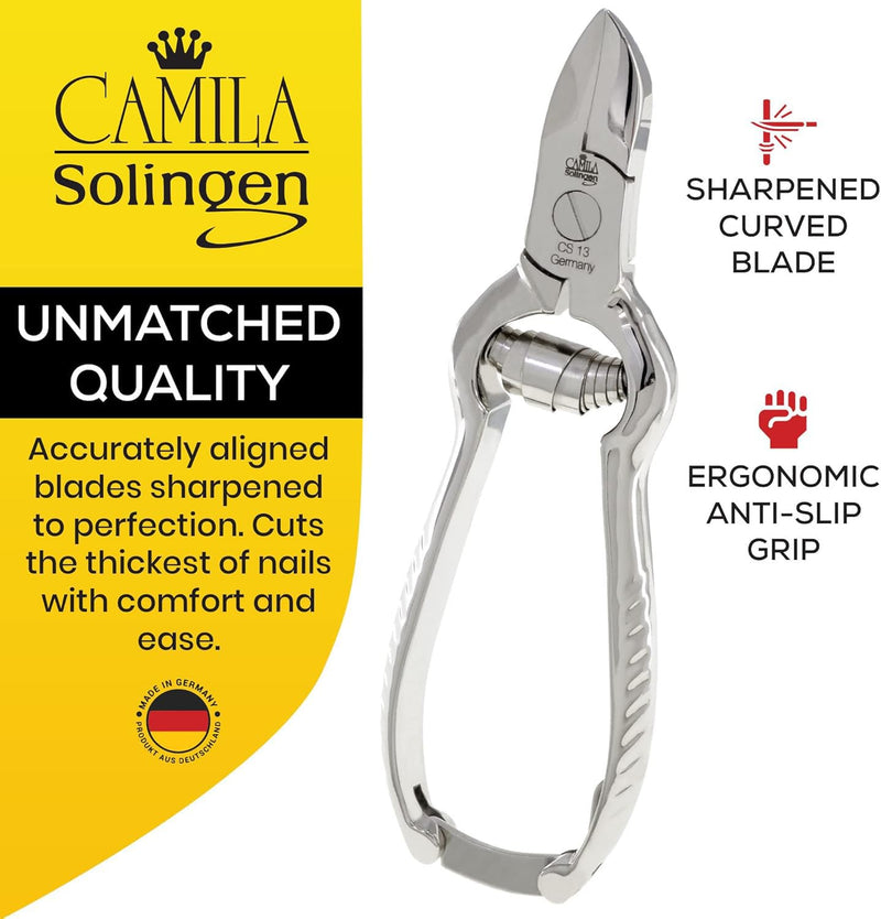 CS13 Large Heavy Duty Toe Nail Clipper for Thick Toenails, Manicure & Pedicure, Double Barrel Spring. Super Sharp Trimmer Curved Carbon Steel 20mm Blade Made in Solingen, Germany CS13