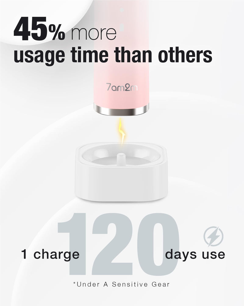 7AM2M Sonic Electric Toothbrush with 6 Brush Heads for Adults&Kids, One Charge for 120 Days, Wireless Fast Charge, 5 Modes, 40000VPM Powered Toothbrush, 2 Minutes Built in Smart Timer -Pink Pink