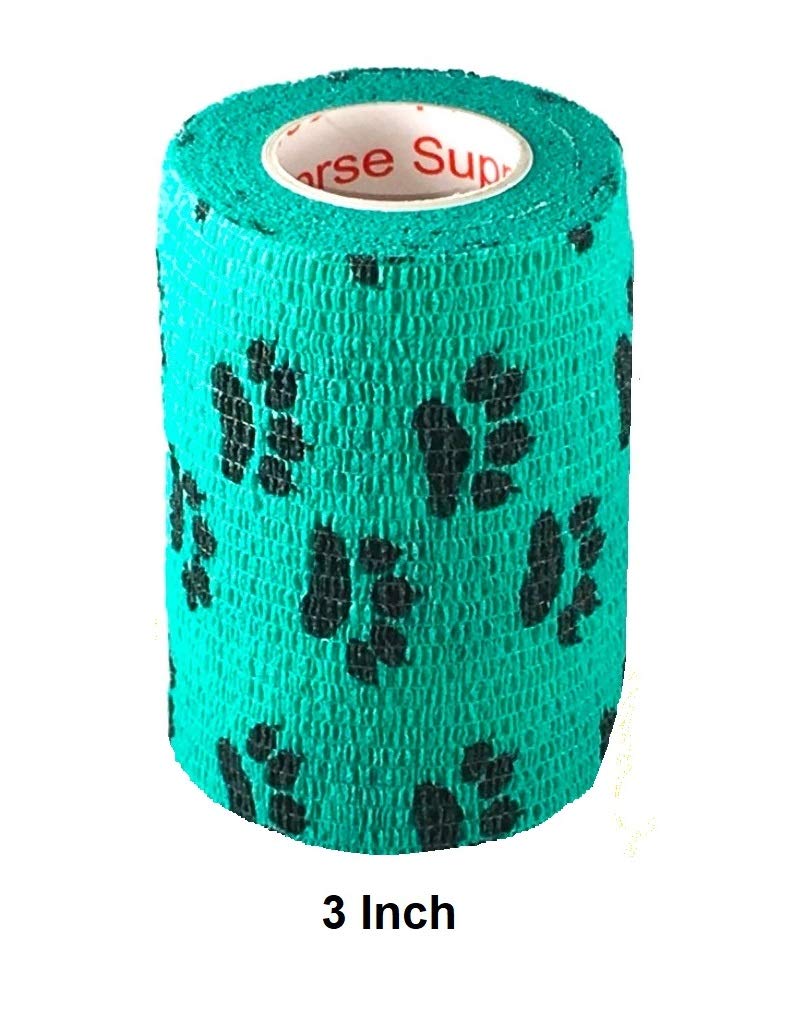 Vet Wrap Wrap Tape (Teal with Paw Prints) (2 Pack) (2 Inch x 15 feet) Self Adhesive Adherent Adhering Cohesive Flex Self Stick Bandage Grip Roll Dog Cat Pet Horse 2 Inch 2 PACK Teal With Black Paws - BeesActive Australia
