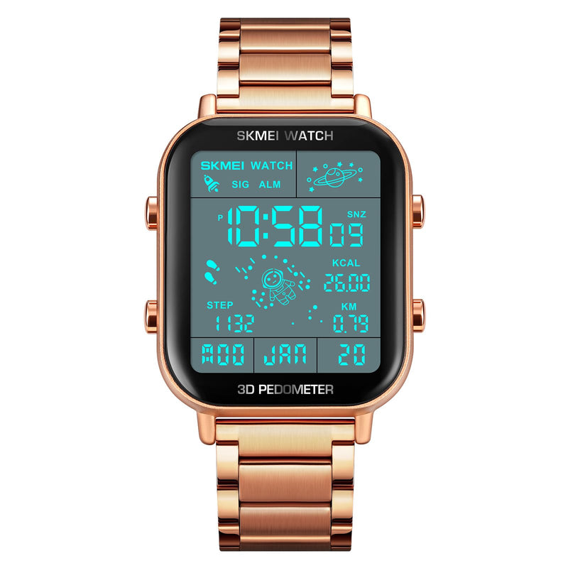 SKMEI Watch for Men Square Dial 3D Pedometer Sports Digital Watch with 50M Waterproof Luminous Countdown Stopwatch Dual Time Display Alarm 1888-Rose Gold - BeesActive Australia