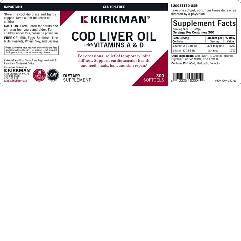 Kirkman - Cod Liver Oil with Vitamin A & D - 300 Softgels - Essential Fatty Acids - Supports Foundational Health - Hypoallergenic