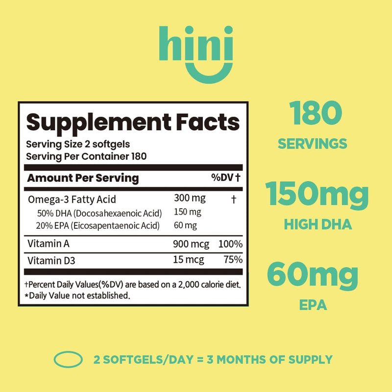HINI Omega-3 for Kids- Omega 3 DHA Vitamins, Immunity Kids, Omega Vitamins for Brain & Eye Health and Strong Bones Support, 2 per Serving /180 Serving