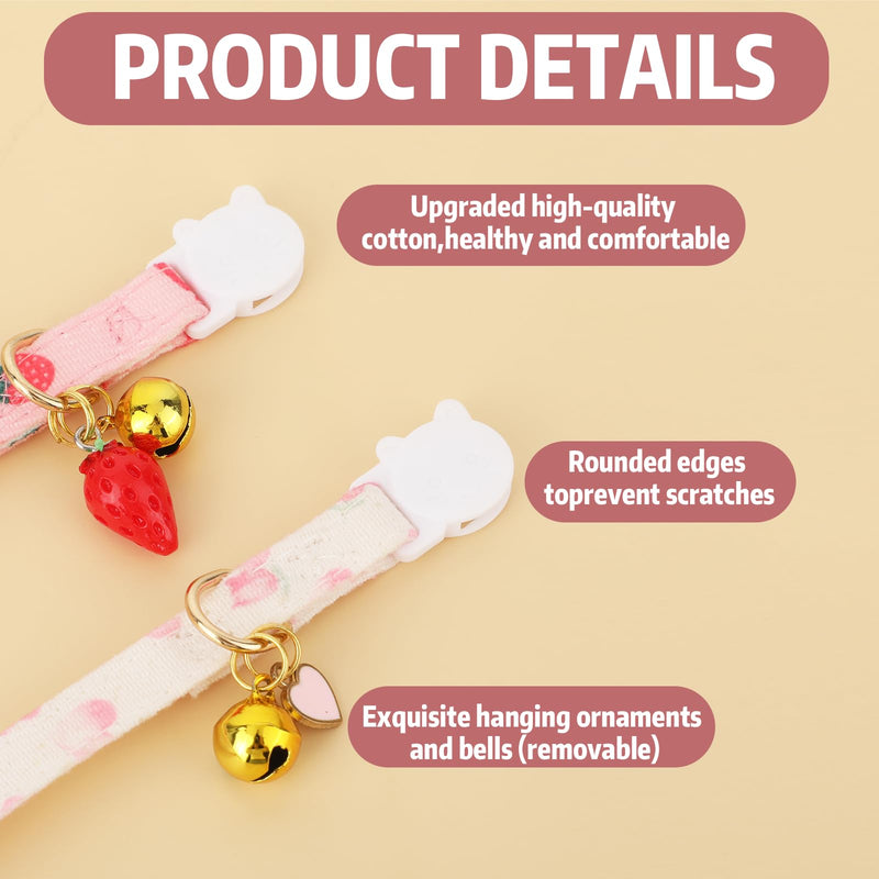 2 Pcs Cotton Breakaway Cat Collar, Safety Adjustable Cat Collars Set Strawberries and Heart Shaped Pendant Kitten Collar Cute Cat Collar with Bell - BeesActive Australia