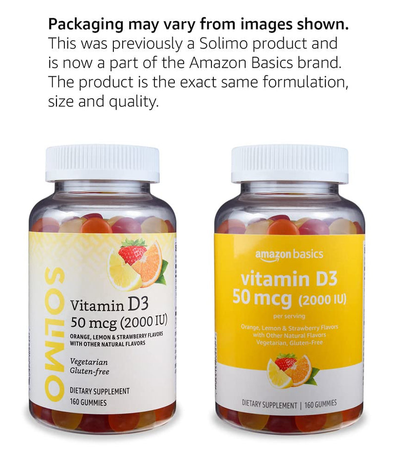 Amazon Basics Vitamin D3 2000 IU Gummies, Orange, Lemon & Strawberry, 160 Count (2 per Serving) (Previously Solimo) 160 Count (Pack of 1) - BeesActive Australia