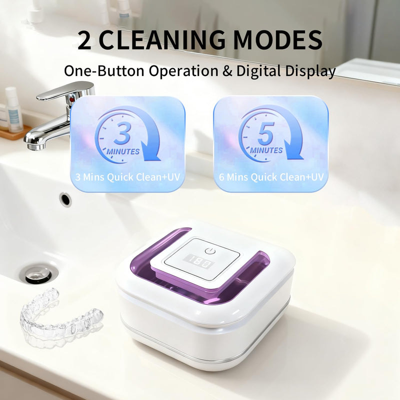 Ultrasonic Retainer Cleaner for Aligners, Mouth Guards & Dentures, 42kHz Compact Ultrasonic Denture Cleaner with Digital Timer, Portable Dental Cleaner for Home & Travel (White)