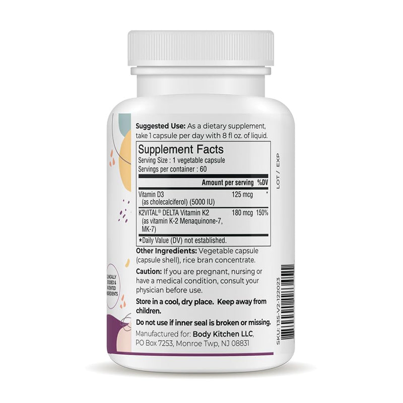 Body Kitchen Vegan Vitamin D3 + K2 MK7 5000 IU Supplement, 60 Caps | Bone and Heart Health, Non-GMO, 5000 IU Vitamin D & 180 mcg Vitamin K2 MK-7, Easy to Swallow Veggie Caps