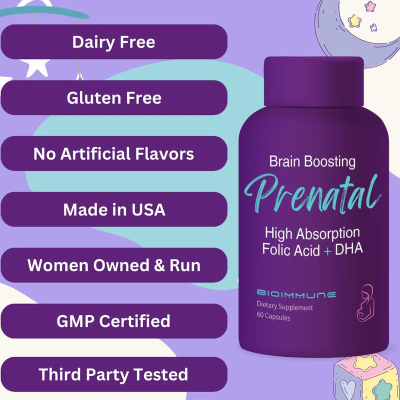 BioImmune Ultra Strength Bio-Available Prenatal Vitamins for Women, Naturally Occurring Methylated Folate Folic Acid, DHA Omega 3. Supports Brain Development, Healthy Fetal Development