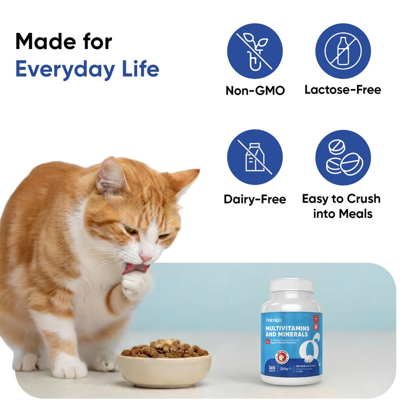 Multivitamins and Minerals for Cats - 365 Chicken-Flavoured Tablets - With 18 Vitamins & Minerals - Supports Natural Immunity - Easy to Crush Tablets - Suitable for Cats of All Breeds