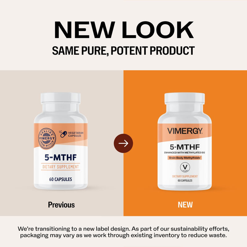 Vimergy 5-MTHF Vegan Capsules for Brain Energy Supplement, 60 Servings | Nootropic Promotes Brain Energy and Cognition* with 8500 mcg L-Methylfolate Glucosamine and 500 mcg Vitamin B12 Supplement