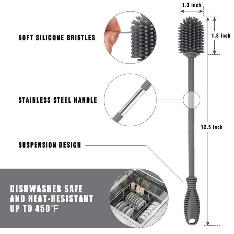 Silicone Bottle Cleaning Brush with Long Handle, 12.5" Water Bottle Cleaner for Baby Bottles, Hydro Flask, Sports Bottle, Vase, Glassware, Perfect for Smaller Diameter Bottle Openings (One Pack) Gray - BeesActive Australia