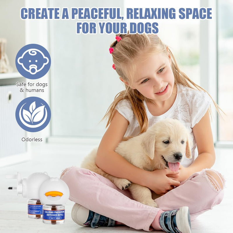 OSDUE Dog Calming Plug In, 4-in-1 Dog Calming Plug In Pheromone Diffuser with 1 Diffuser + 3 Refills, Helps Relaxation, Anxiety Relief & Stress Relief, 90 Day 1 Diffuser + 3 Refill