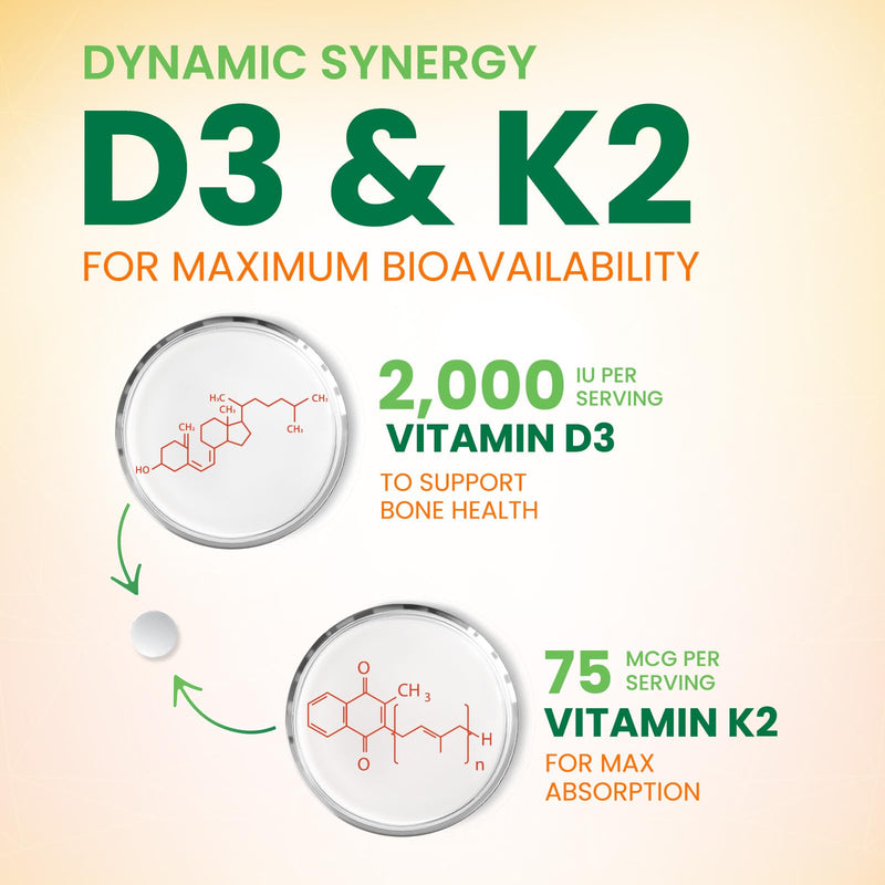 Vitamin D3 K2 Supplement - 2000 IU D3 Per Serving - Extra Strength MK-7 K with Vitamin D3 - For Immune Support, Heart, Teeth & Bone Health - Easy to Swallow D3K2 Chewable, Berry Flavor - 180 Tablets 180 Count (Pack of 1)