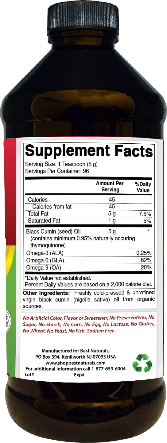 Best Naturals Black Seed Oil - Minimum 0.95% Thymoquinone (TQ) - Cold Pressed Nigella Sativa Aids in Digestive Health, Immune Support, Brain Function, Joint Mobility, Gluten Free, Non GMO - 16 OZ 16 Fl Oz (Pack of 1) - BeesActive Australia
